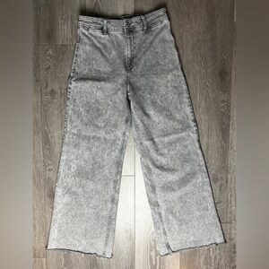 Mango MNG Denim Heather Grey High Rise Wide Leg Jeans • Distressed Hem • Size 6